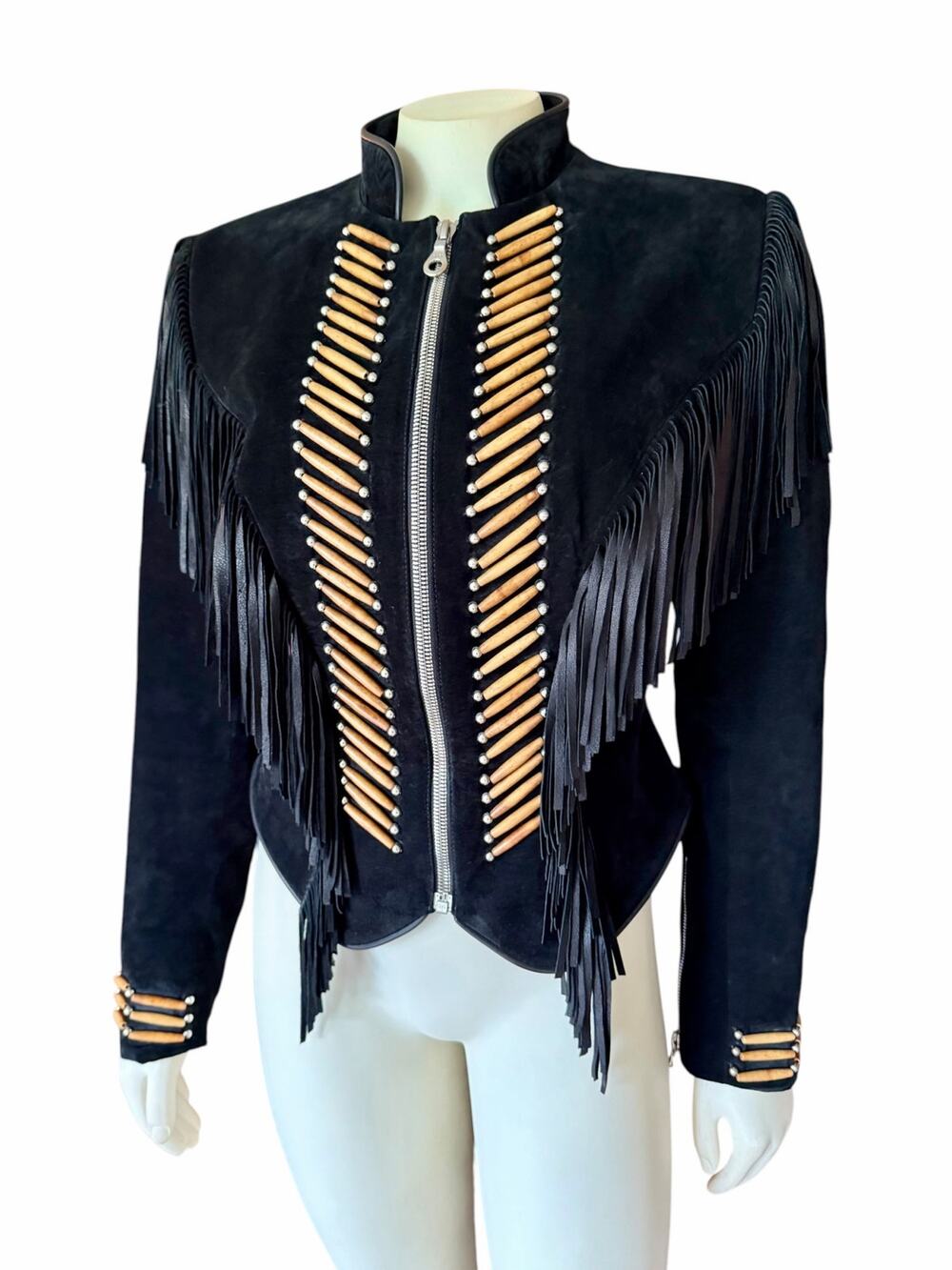 Milwaukee Motorcycle Clothing Co Black Suede Fringe Wood Bead Jacket Vintage Sm